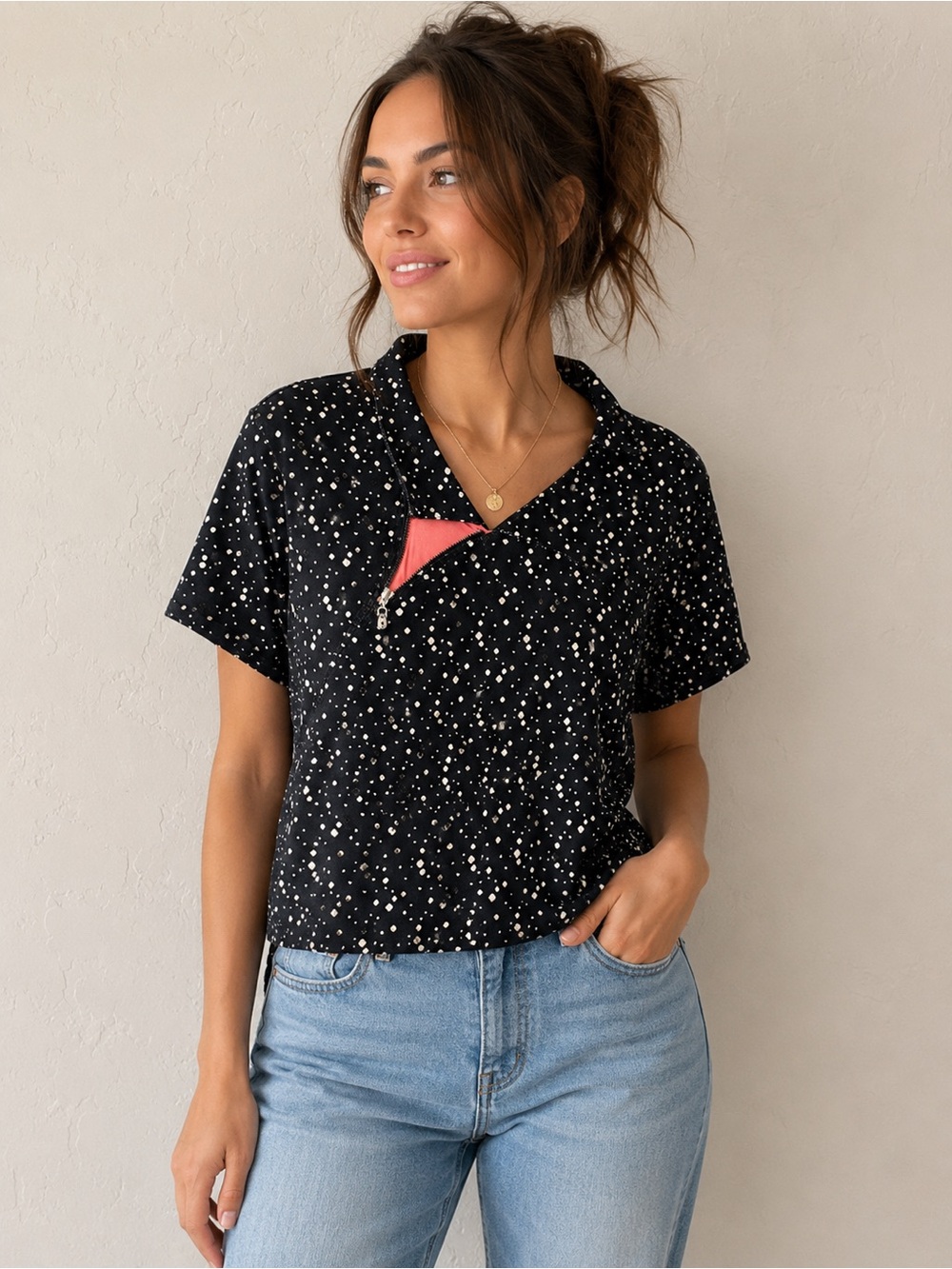 Jamie Sadock Speckled Zip Accent Polo Top Medium